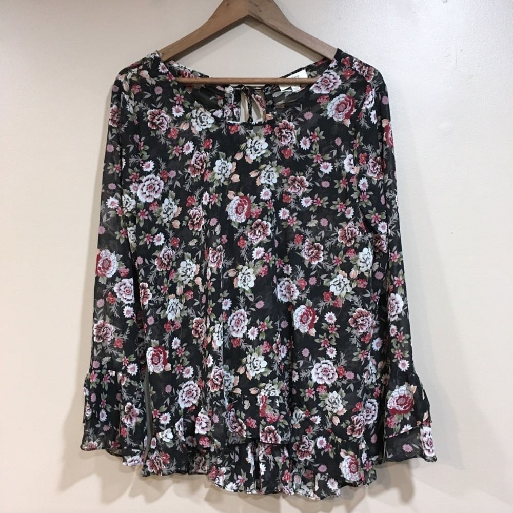 Umgee Dark Floral Bell Sleeve Sheer Top Womens S Black Romantic Feminine Fairy